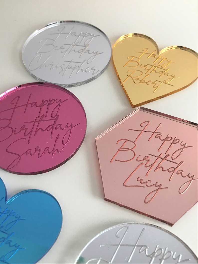 Personalised Acrylic Cake Charms. Customised Engraved Mirror Cupcake Toppers. Discs. Special Occasion Tags. 50mm image 1