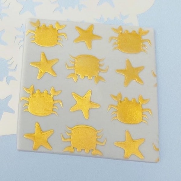 Crab and Starfish Design Stencil. Under the Sea Pattern. Beach Theme. Cookie and Fondant Stencil. Mylar. Cake Decorating. Paper Crafting