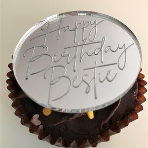 Personalised Acrylic Cake Charms. Customised Engraved Mirror Cupcake Toppers. Discs. Special Occasion Tags. 50mm image 3