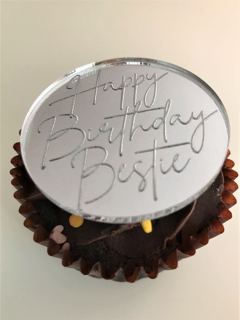 Personalised Acrylic Cake Charms. Customised Engraved Mirror Cupcake Toppers. Discs. Special Occasion Tags. 50mm image 3