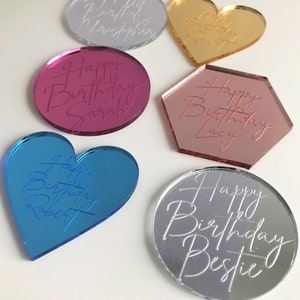 Personalised Acrylic Cake Charms. Customised Engraved Mirror Cupcake Toppers. Discs. Special Occasion Tags. 50mm image 7