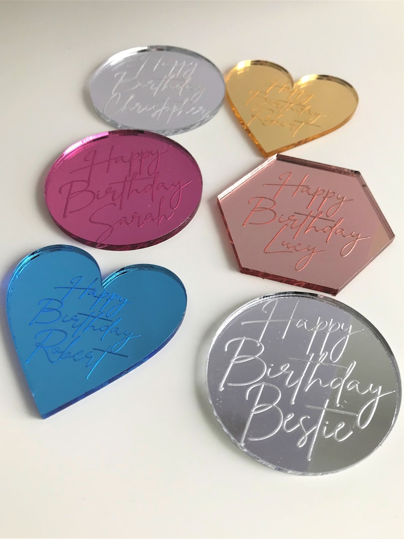 Personalised Acrylic Cake Charms. Customised Engraved Mirror Cupcake Toppers. Discs. Special Occasion Tags. 50mm image 7