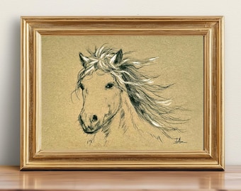 Original, NOT A PRINT - Horse drawing, Horse charcoal sketch, minimalist art, Horse pencil artwork Horse vintage style - Unframed art 5x7"