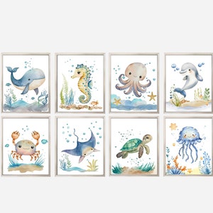 Set von 8 Baby-Tiere, DRUCKBARE KUNST, Junge Kinderzimmer Dekor, Aquarell, Meer Kinderzimmer Dekor, Ozean Kinderzimmer Dekor, Junge Zimmer Wand Dekoration