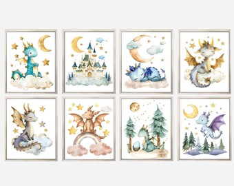 Set of 8 Baby Dragons, PRINTABLE WALL ART, Dragon Nursery Decor Watercolor Dragon Prints, Boy Nursery Decor Baby Room Wall Decoration