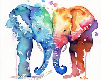 Elephants ORIGINAL WATERCOLOR Painting, Original Elephant Painting Watercolor Elephants in love Decor, gift, watercolor originals art