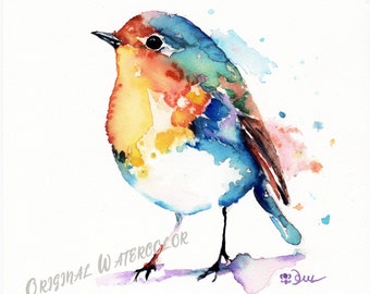 Vogel ORIGINAL Aquarell Malerei, Original Vogel Gemälde Niedlicher Vogel Dekor Original Aquarelle Kunst Vögel Liebhaber Aquarell Geschenk Bunte Kunst