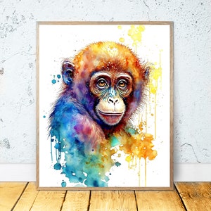 Aquarell Affe DRUCKBARE KUNST Affe Poster Download Affe Poster Geschenk Tiere Dekor Tier Malerei Bunt Schimpanse Natur Wandkunst