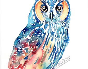 Owl ORIGINAL WATERCOLOR Painting, Original Owl Painting, Owl Wall Art, Long Eared Owl Decor, Owl gift, Original Watercolor Art, Colorful Art