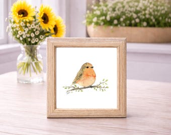 ORIGINAL MINIATURE Watercolor Robin Painting, Bird Art Handmade Small Artwork Minimalist Cute Nature Wall Decor- 4x4 Inch Unframed Gift
