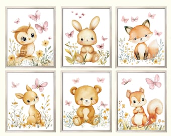 Set of 6 Woodland Nursery Prints Baby Animals PRINTABLE WALL ART Baby Girl Nursery Decor Baby Girl Woodlands Nursery Baby Girl Decorations