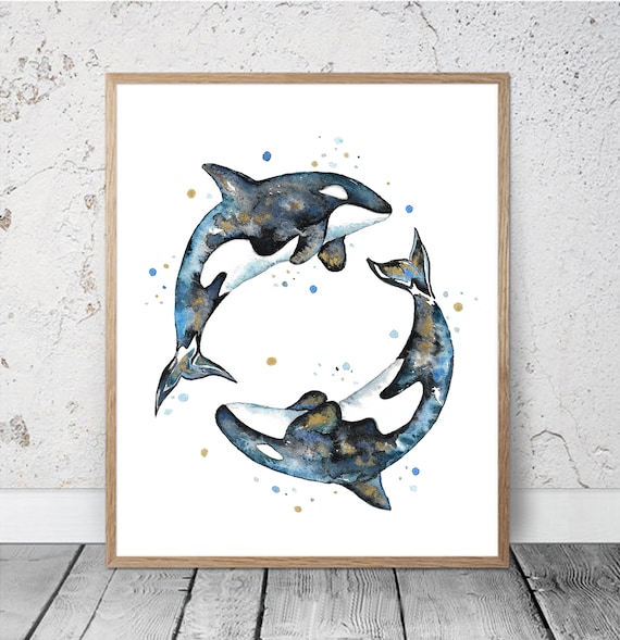 水彩画 シャチ クジラ 印刷可能なアート、海の装飾 シャチ プリント