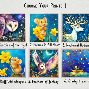 Whimsical Prints, Gold Leaf Embellished, Colorful Prints Whimsical Art Print Decor gift Nature Lover Moody Art Prints Children Decor Animals