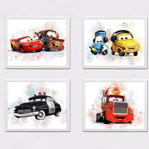 Set 4 DISNEY CARS Printable Art Watercolor Disney Cars Print Disney Cars Poster Cars Wall Art Disney Decor Disney Prints Lightning McQueen