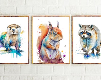 森の動物 水彩画 印刷可能なアート カワウソ アライグマ リス プリント