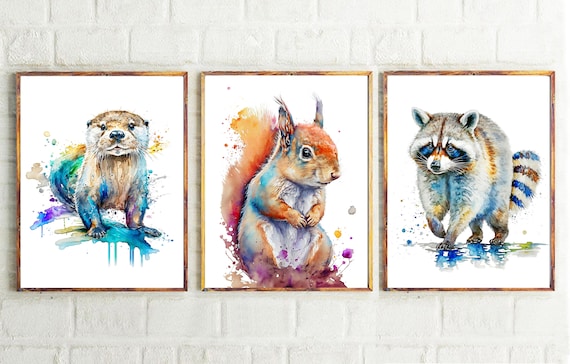 動物　絵画　アート 森の動物 水彩画 印刷可能なアート カワウソ アライグマ リス プリント