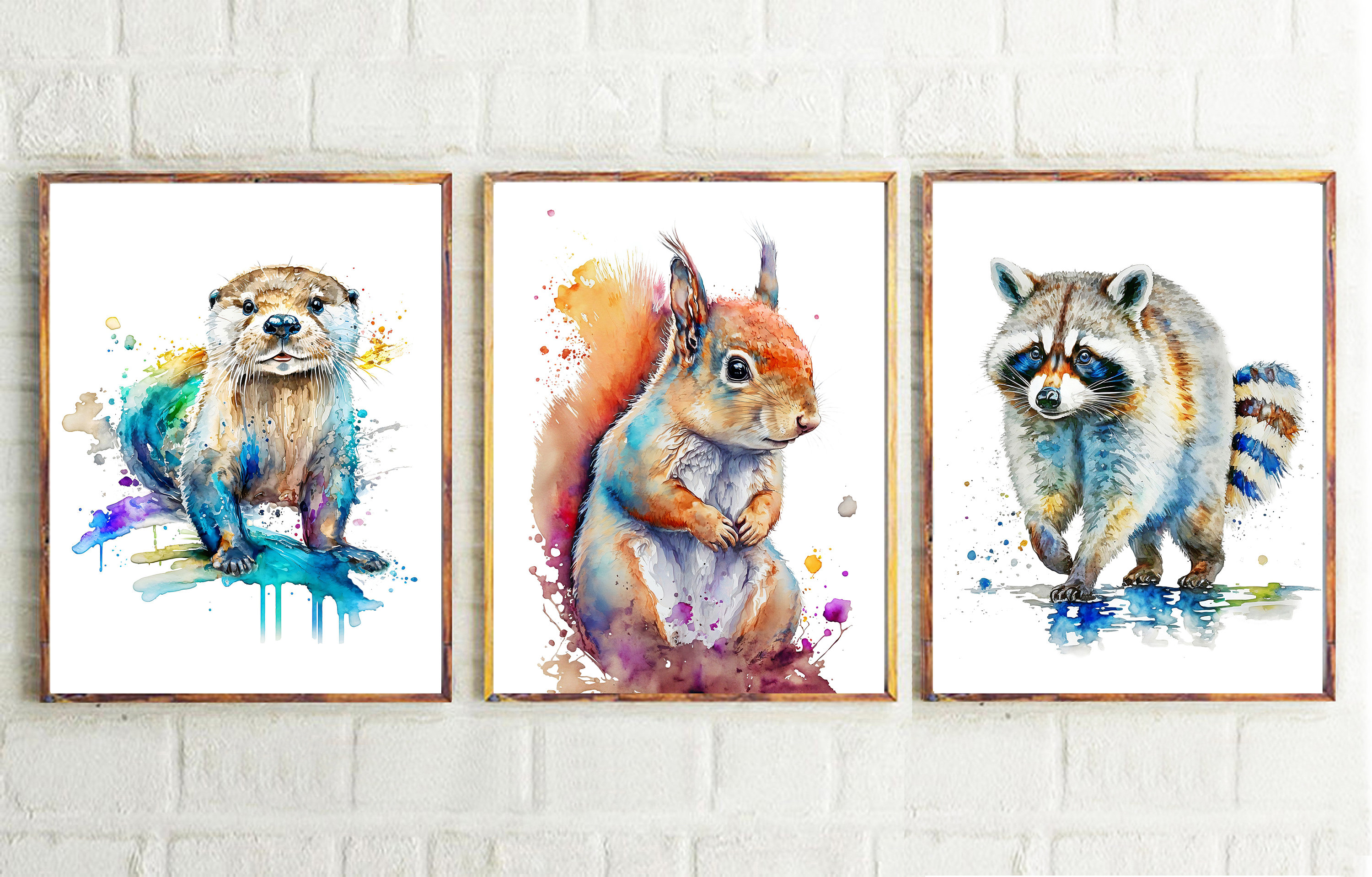 森の動物 水彩画 印刷可能なアート カワウソ アライグマ リス プリント