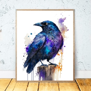 Raven Watercolor PRINTABLE ART Raven Print Instant Download Poster Wildlife Gift Raven Bird Wall Decor Nursery Raven Painting Colorful #13
