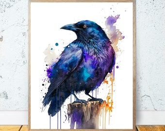 Raven Watercolor PRINTABLE ART Raven Print Instant Download Poster Wildlife Gift Raven Bird Wall Decor Nursery Raven Painting Colorful #13