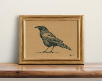 Origineel, GEEN PRINT - raaf tekening, raaf houtskoolschets, minimalistische kunst, raaf potlood artwork raaf vintage stijl - ingelijste kunst 5 x 7"