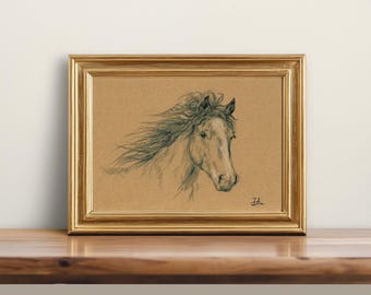 Original, KEIN DRUCK - Pferdezeichnung, Pferd Kohlezeichnung, minimalistische Kunst, Bleistift Kunstwerk, Pferd Vintage-Stil - Ungerahmt Kunst 13x18 cm