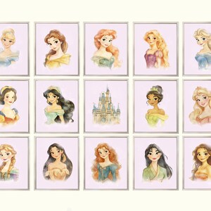 May include: A collection of framed watercolor portraits of various princesses, each with unique hairstyles and gowns. The artwork features soft colors and delicate details, creating a whimsical and enchanting aesthetic. The portraits are displayed against a light pink background.