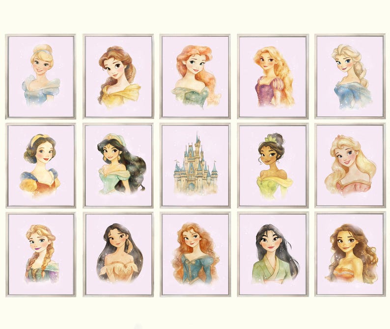 May include: A collection of framed watercolor portraits of various princesses, each with unique hairstyles and gowns. The artwork features soft colors and delicate details, creating a whimsical and enchanting aesthetic. The portraits are displayed against a light pink background.