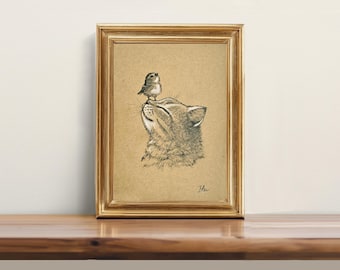 Originale, NON UNA STAMPA - Disegno di gatto, simpatico schizzo a carboncino di gatto, arte minimalista, divertente gatto uccello, opera d'arte a matita in stile vintage - Opera d'arte senza cornice 5x7"