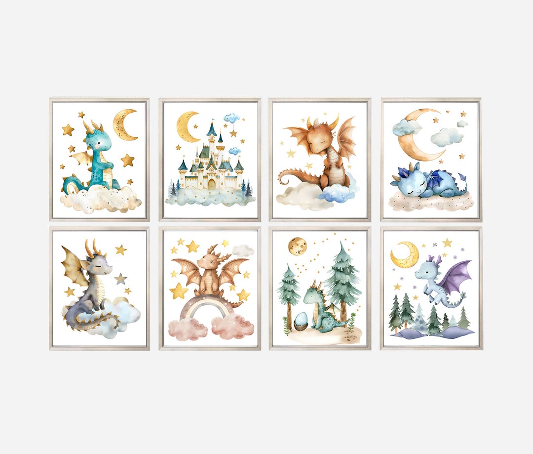 Set of 8 Baby Dragons, PRINTABLE WALL ART, Dragon Nursery Decor ...