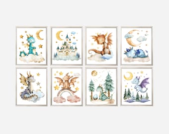 Conjunto de 8 dragones bebés, ARTE DE PARED IMPRIMIBLE, Decoración de vivero de dragones Impresiones de dragones de acuarela, Decoración de guardería para niños Decoración de pared de habitación de bebé