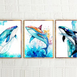 Set of 3 Ocean Prints Watercolor PRINTABLE ART Whale Shark Orca Ocean Decor Beach Wall Art Nautical Nursery Children Gift Sea Wall Art