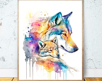 Moeder Wolf en baby wolf AFDRUKBARE KUNST kunst huis muur decor aquarel kunst print cadeau baby shower wolf moeder baby wolf print schilderij #29