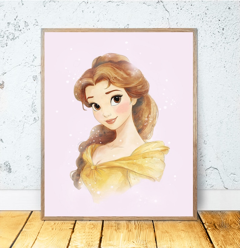 May include: A framed watercolor print of a woman with brown hair and a yellow dress. The woman is smiling, and the background is a light pink color with white sparkles. The frame is a light brown color.