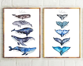 Conjunto de 2 impresiones - Impresión de ballenas de acuarela + Impresión de colas de ballena Decoración náutica Cartel de ballena Vivero Arte de ballena azul Decoración de ballena Arte Playa Niños