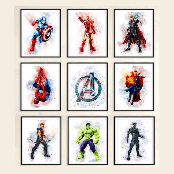 Set 9 Superheroes DOWNLOAD Marvel Print Superhero Avengers Poster Marvel Hulk Captain America Iron Man Hero Heroes Birthday Gifts Boys Art