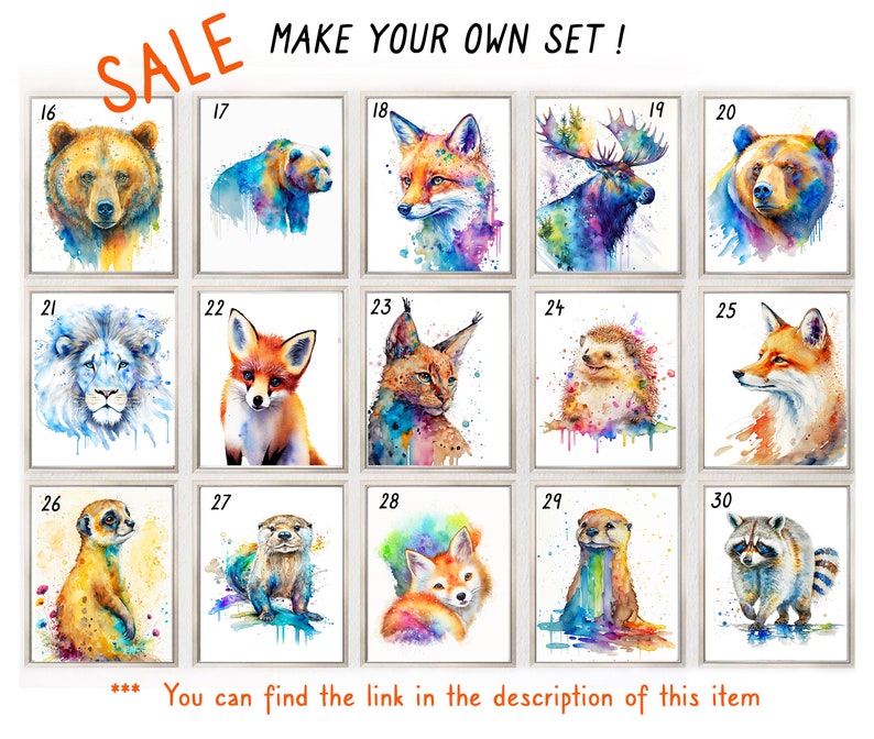Puede incluir: Un conjunto de 30 ilustraciones de animales en acuarela, cada una en un marco blanco separado. Los animales incluyen un oso, un zorro, un alce, un le&oacute;n, un lince, un erizo, una nutria, un mapache y una mangosta. Las ilustraciones est&aacute;n todas en un estilo acuarela colorido.