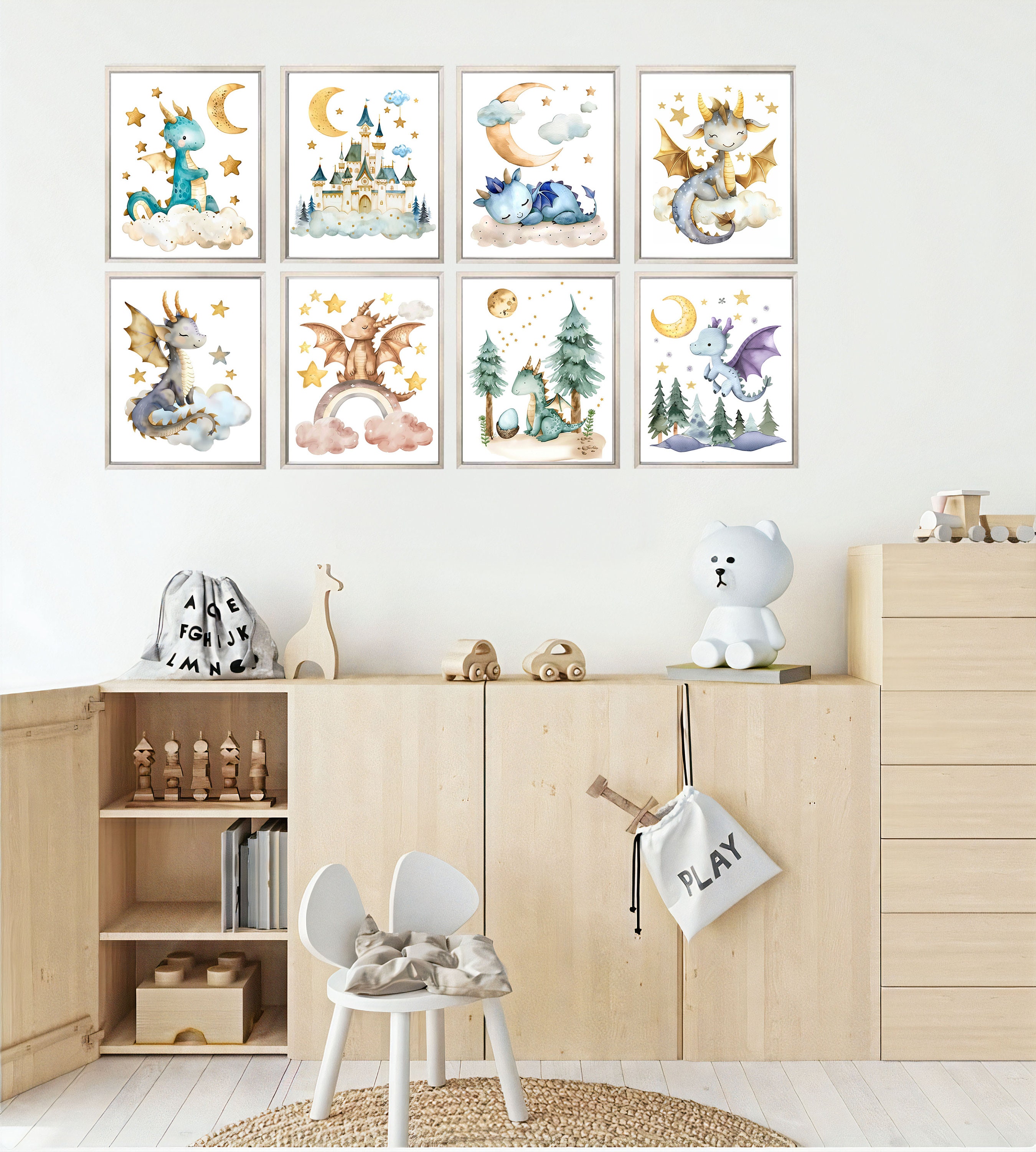 Set of 8 Baby Dragons, PRINTABLE WALL ART, Dragon Nursery Decor ...