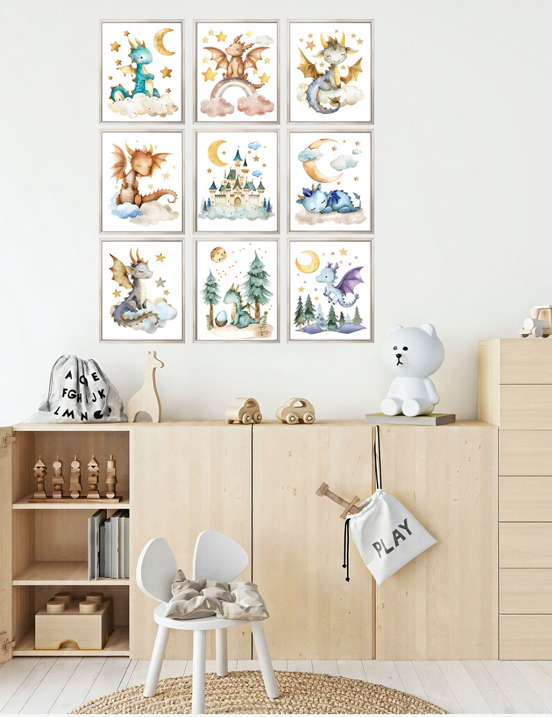 Set of 9 Baby Dragons, PRINTABLE WALL ART, Dragon Nursery Decor Payroom ...