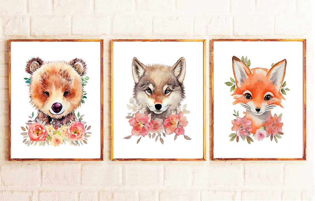 Set of 3 Woodland Animals Nursery PRINTABLE ART Baby Animals Fox Bear ...
