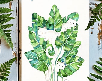 Gatos divertidos y plantas Arte de gato en acuarela ORIGINAL Decoración de gato blanco Regalo para dueños de gatos Arte de gato obsequiado Regalo para amantes de los gatos Regalo para personas con gatos