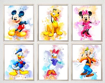 Set 6 DISNEY PRINTABLE ART, Disney Print, Disney Poster Disney Wall Decor Mickey Mouse Print Watercolor Disney Donald Minnie Nursery Gift