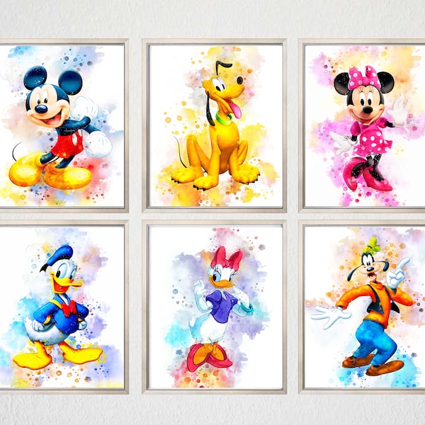 Set 6 DISNEY AFDRUKBARE KUNST, Disney Print, Disney Poster Disney Wall Decor Mickey Mouse Print Aquarel Disney Donald Minnie Nursery Gift