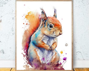 Squirrel Watercolor PRINTABLE ART Squirrel Print Download Squirrel Poster Woodland Gift Animals Decor Nursery Animal Painting Colorful #21