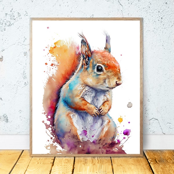 Squirrel Watercolor PRINTABLE ART Squirrel Print Download Squirrel Poster Woodland Gift Animals Decor Nursery Animal Painting Colorful #21