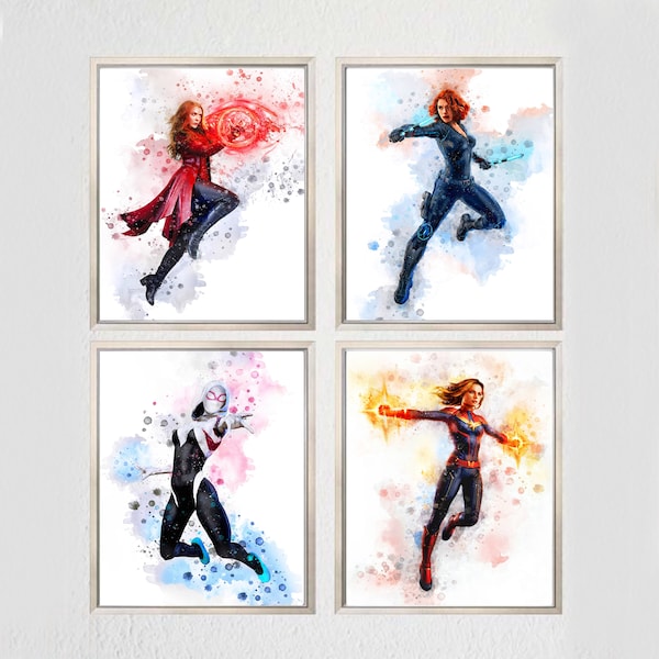 Set 4 Superheroes DOWNLOAD ART Black Widow Spider Gwen Scarlet Witch Marvel Print Girl Female Hero Poster Woman Avengers Girls Power Gifts