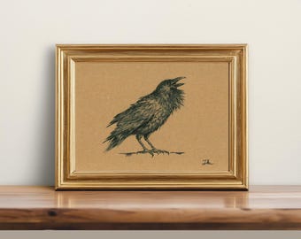 Original, NOT A PRINT - Raven drawing, Raven charcoal sketch, minimalist art, Raven pencil artwork Raven vintage style - Unframed art 5x7"