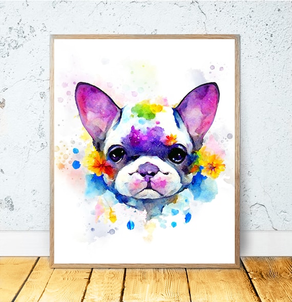 フレンチブルドッグ ベビー 水彩画 印刷可能なアート 動物イラスト