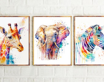 SALE Set of 3 Safari Animals Watercolor Prints Children Decor Colorful Animal Print Elephant Zebra Giraffe Gift Nursery Safari Wall Art Kids