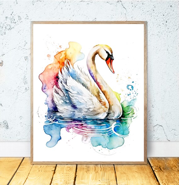 Swan Watercolor PRINTABLE ART Swan print Swan poster Swan decor watercolor gift print colorful painting instant download swan painting #60