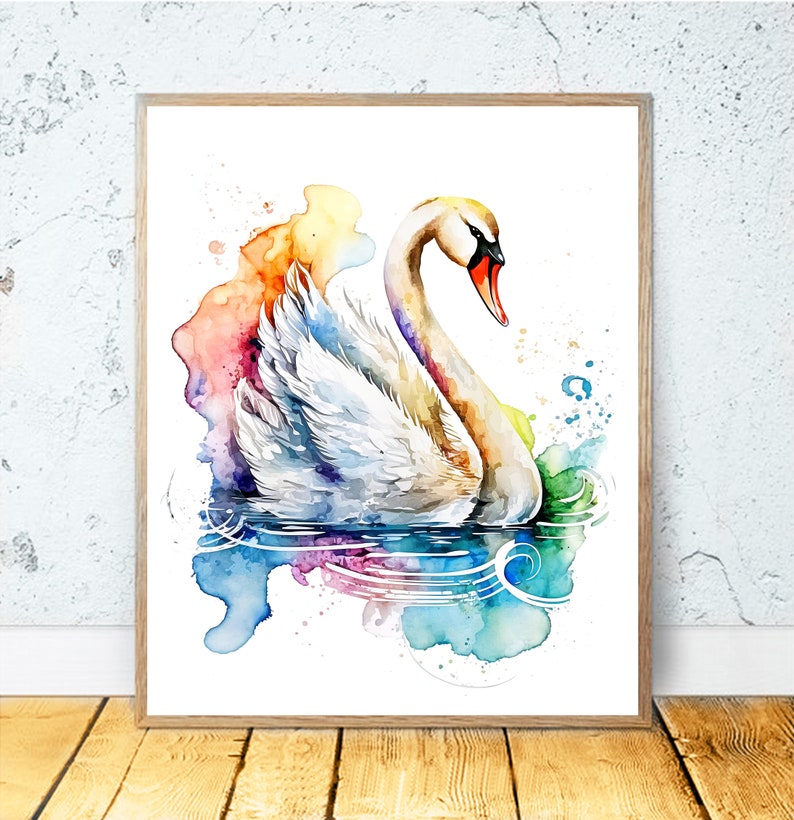 Puede incluir: Pintura acuarela de un cisne blanco nadando en un lago con salpicaduras de pintura coloridas en el fondo.